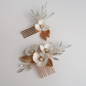 Blue Opal + Pearl Floral Gold Wedding Hair Comb, Bridal Hair Pin, Wedding Hair